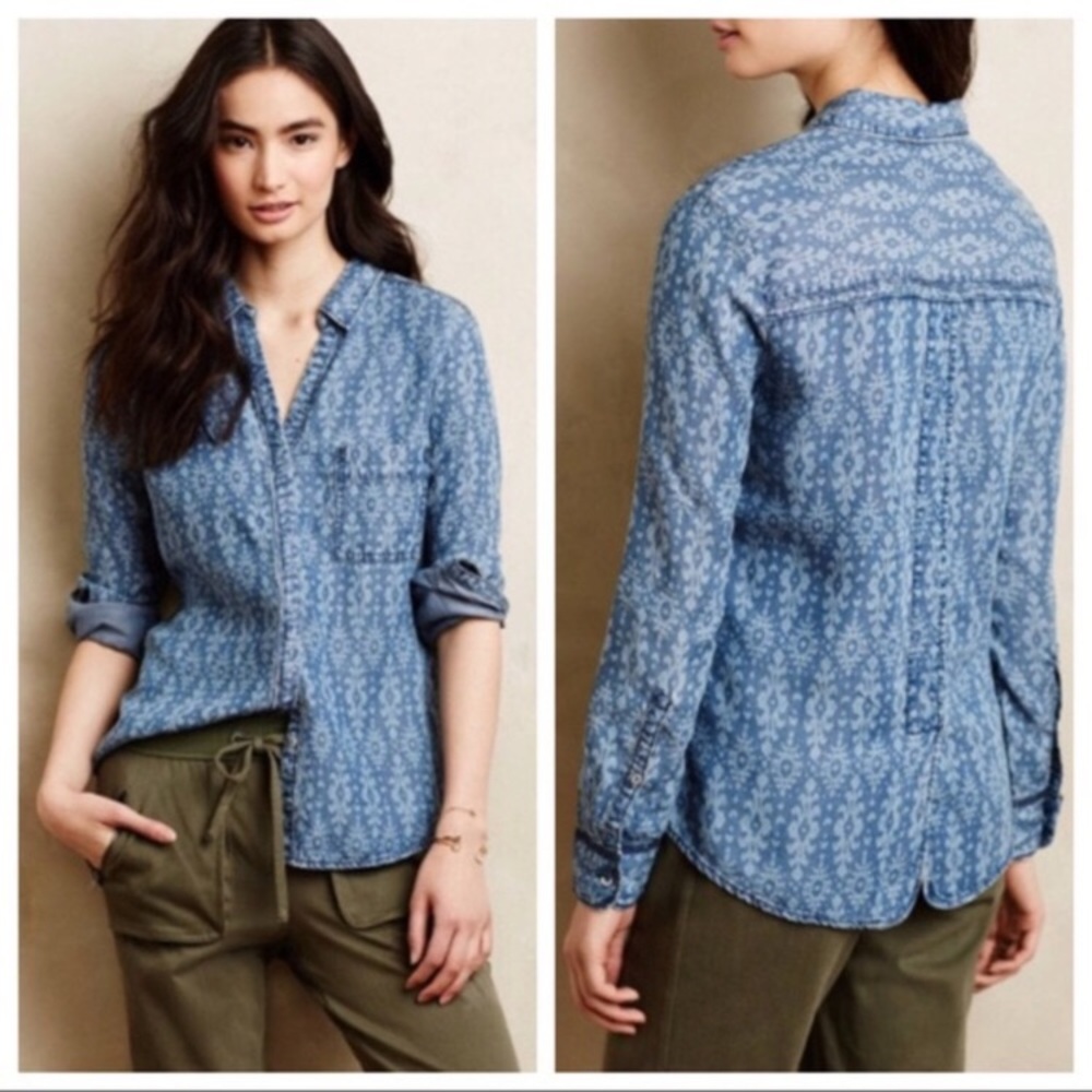 HOLDING HORSES | ANTHROPOLOGIE | Chambray Ikat Boho Shirt